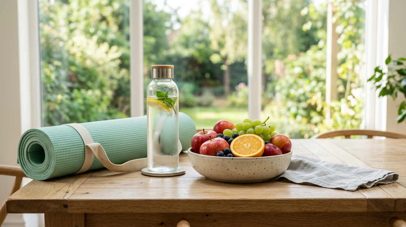 Mesa luminosa com tapete de treino, garrafa de água e fruta fresca
