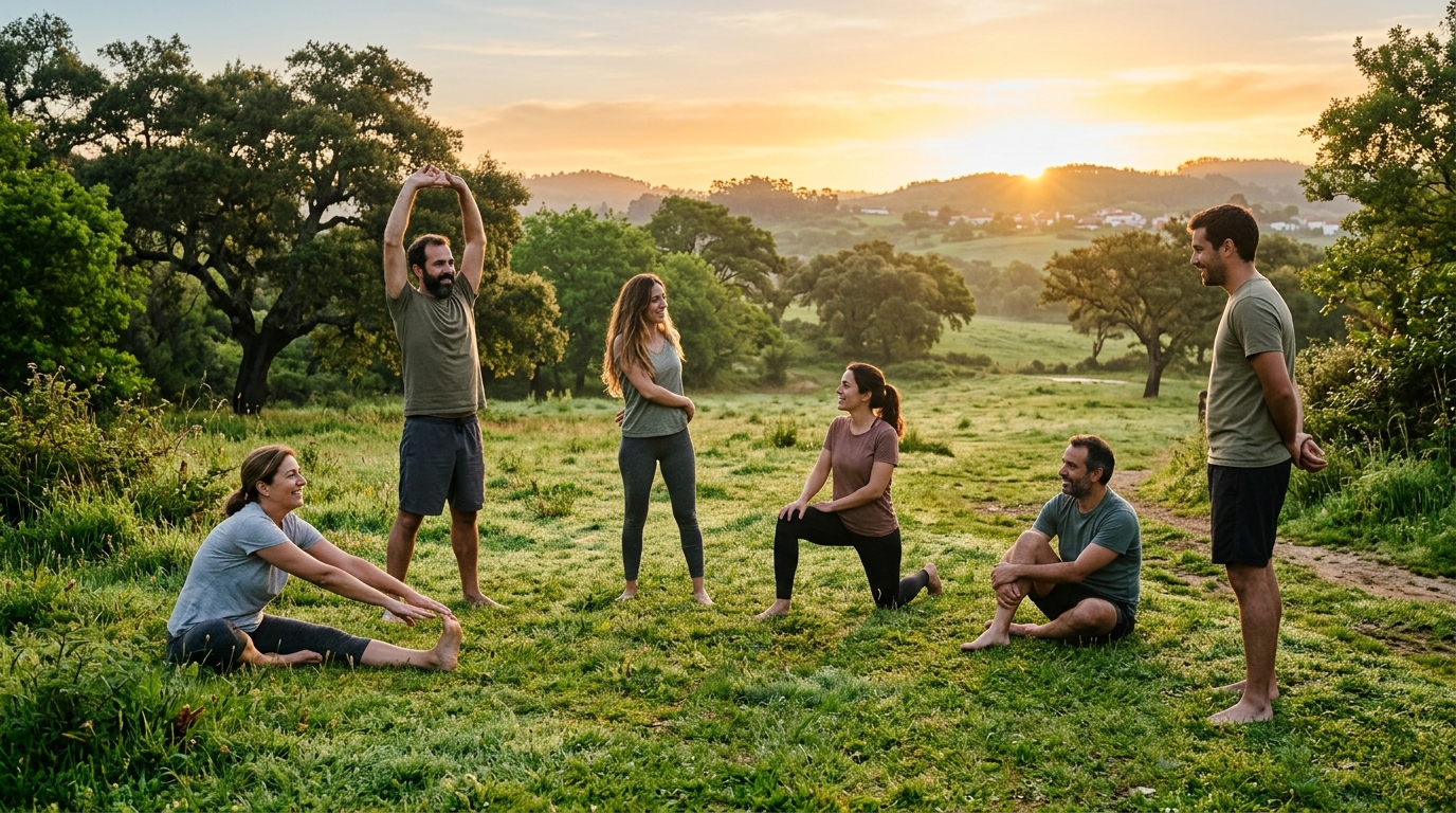 Grupo de pessoas a alongar ao ar livre num parque ao nascer do sol