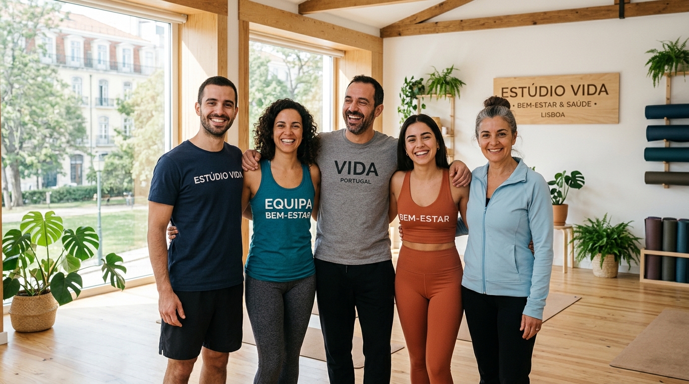 Equipa de instrutores de bem-estar a sorrir num estúdio luminoso